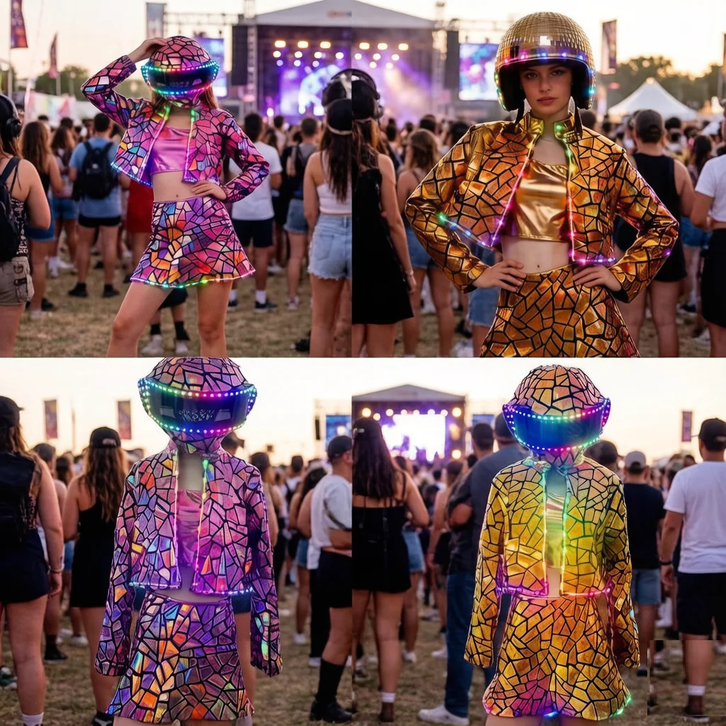 Buntes Leuchtendes Rave-Set für Damen |   Buntglas-Print LED-Kostüm für EDC, Coachella und Themenpartys