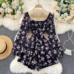 Korean New Spring Summer Chiffon Jumpsuit V-neck Puff Sleeves Folds Slim Slimming Floral Wide-leg Shorts Jumpsuit UK770