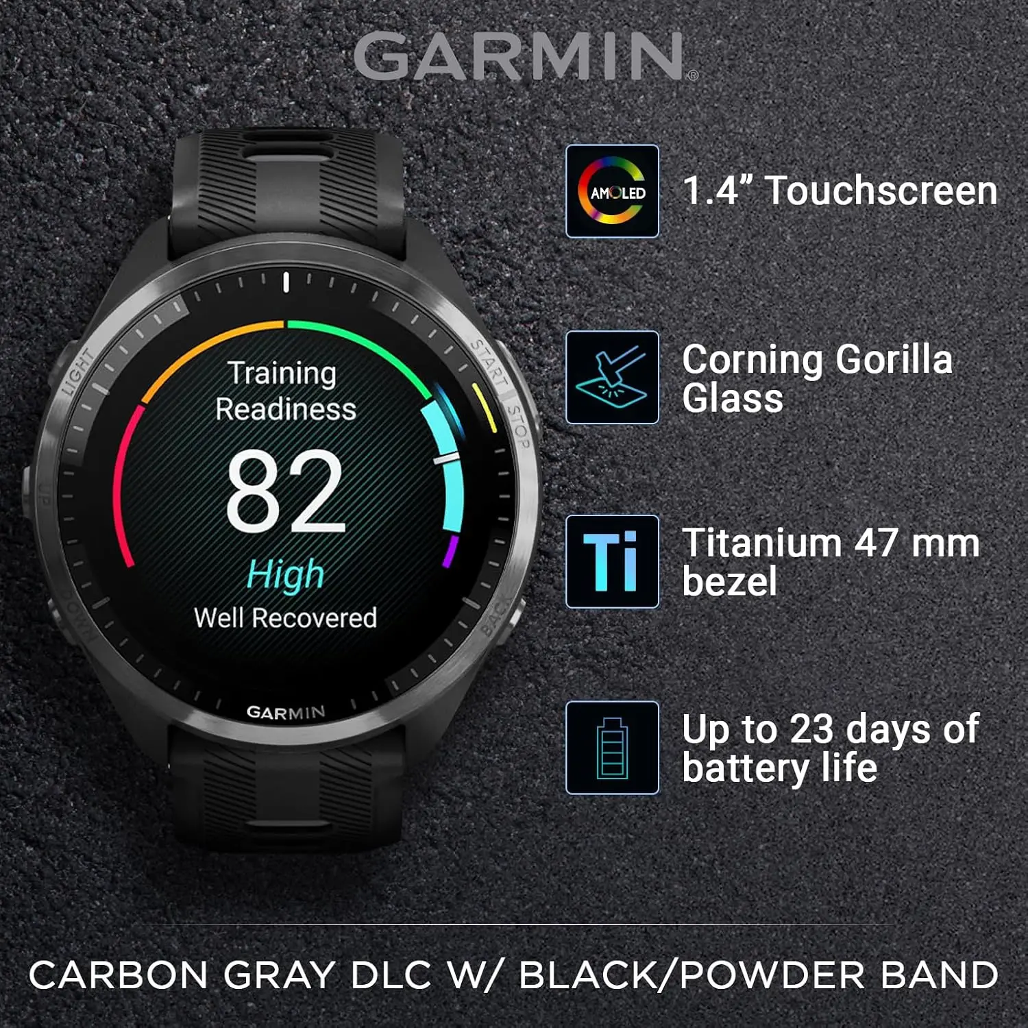 Touchscreen Display, Carbon Gray DLC Titanium Bezel with Black Silicone Band with Black Earbuds.