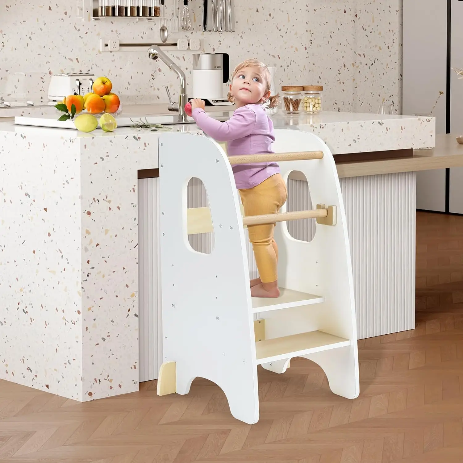 

Adjustable Toddler Kitchen Step Stool with Safety Rail, Anti-Tip Design for Kids Learning Skills - White
