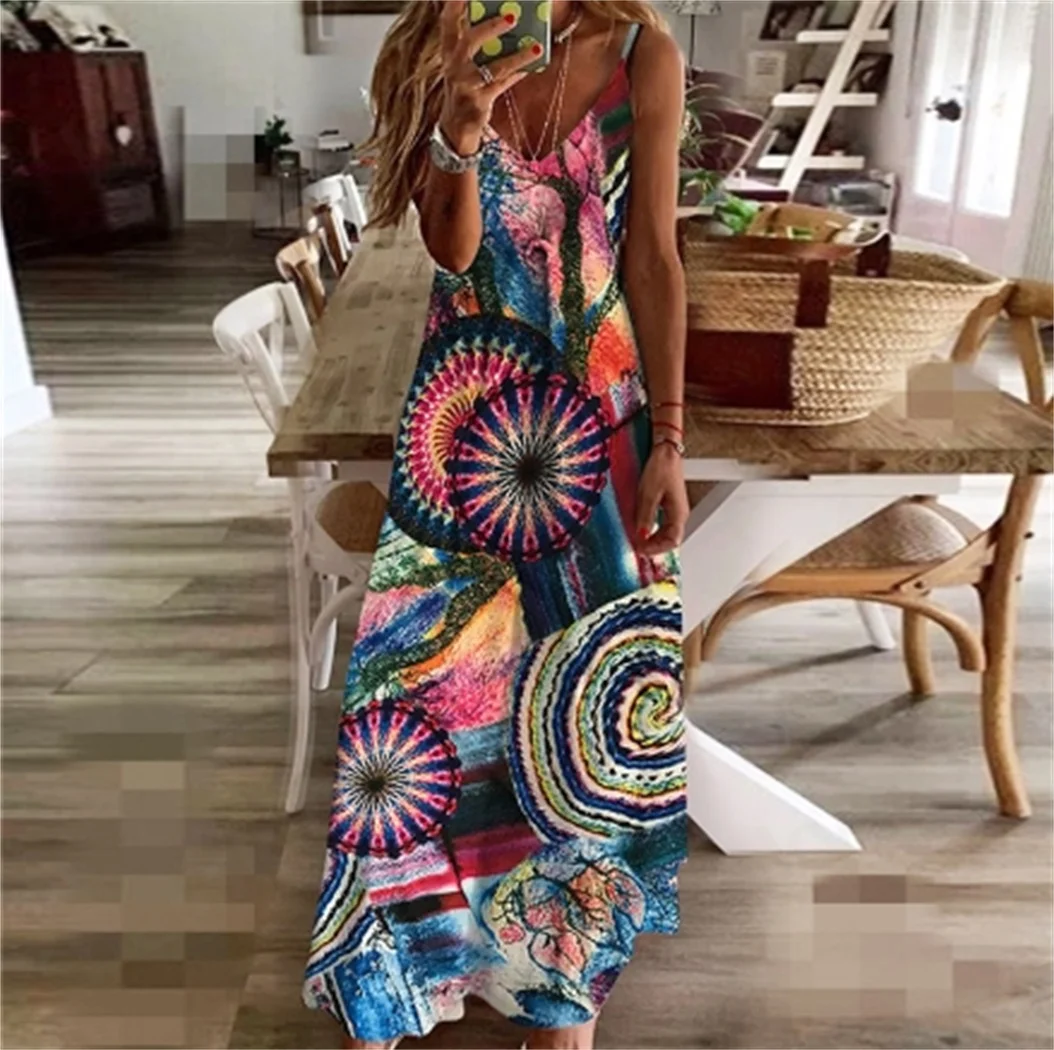 

Women's Bohemian Print Dress Long Sleeve Maxi Summer Floral A-Line Midi Dress Casual Vintage Style Dresses