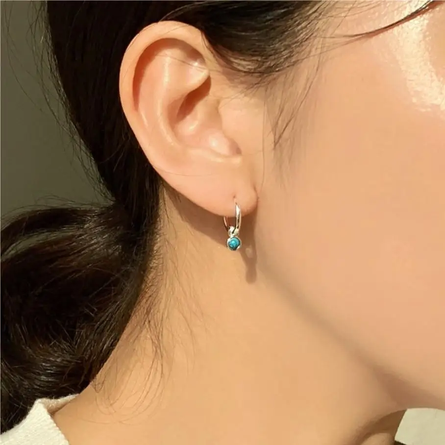 S925 Sterling Silver Korean Fashion Hoop Earrings for Women Blue Turquoise Pendant Earrings High Luxury Women's Jewelry Party