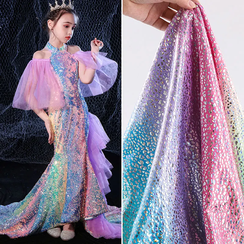 

100X150Cm Glitter Laser Polyester Fabric Stretch Sequins Iridescent Holographic Cloth for Wedding Party Doll Clothing Material