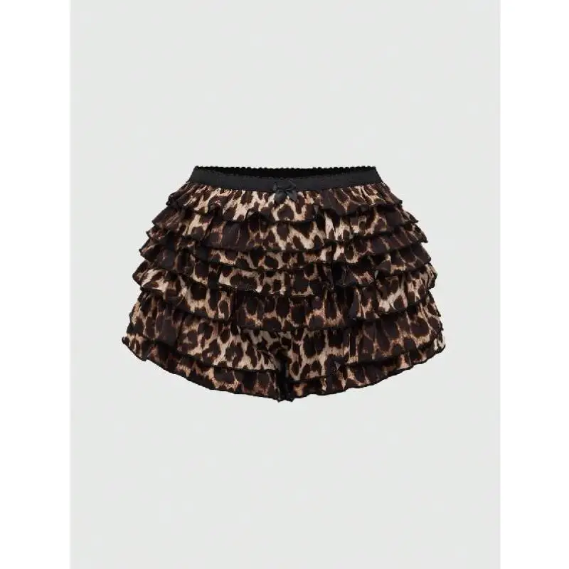 

Punk K Leopard Print High Low Layered Ruffle Hem Low Rise Casual Pants Women's Mid-Low Waist Umbrella Soldier Pants PVC Material