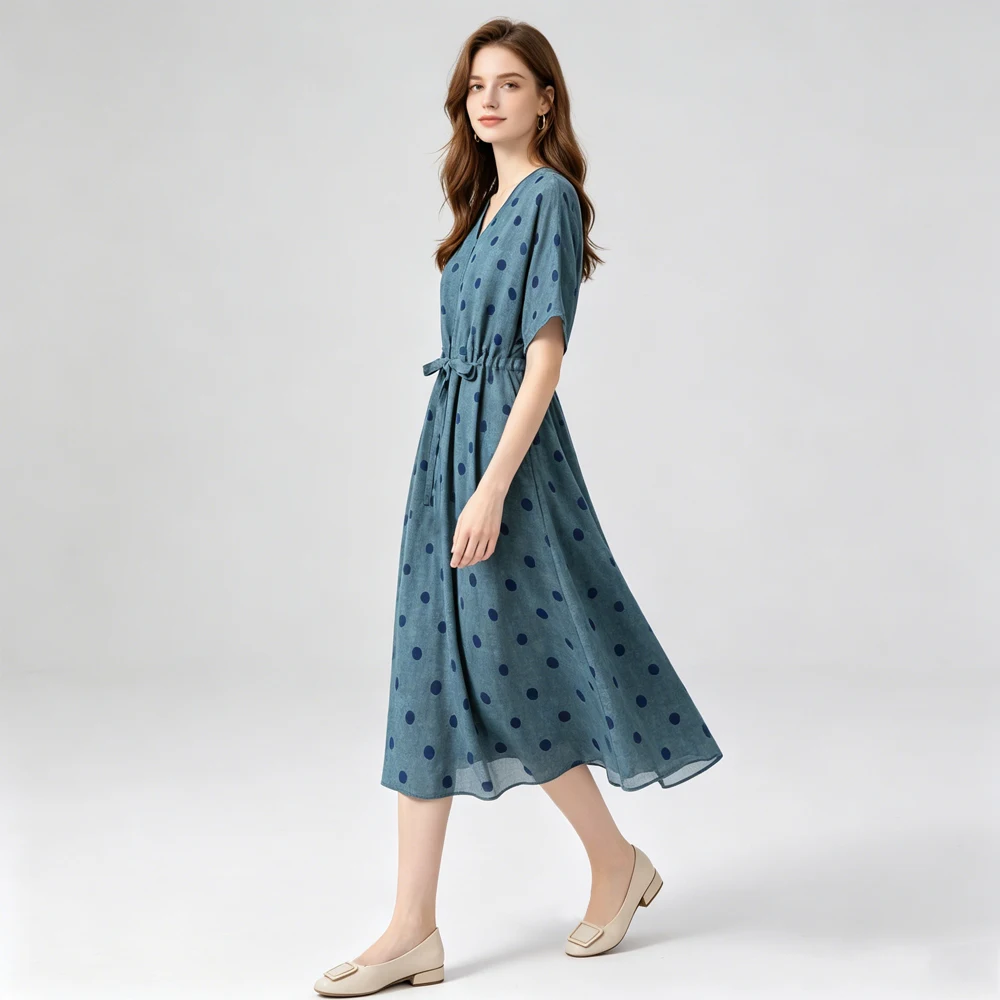 Artistic Polka Dot Gray Blue 100% Natural Mulberry Silk Double Crepe V-neck Short Sleeved Drawstring Waist Cinched Women's Dress