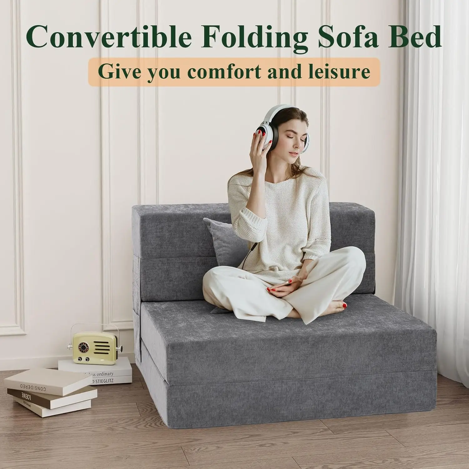 Cadeira de dormir conversível com travesseiro, sofá dobrável, colchão de espuma, sofá futon, sofá preguiçoso para sala de estar/dormitório/guanto ro