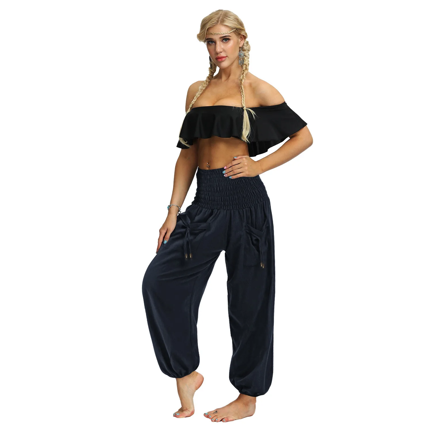 Hoge Kwaliteit Nieuwe Lantaarnbroek Losse Wijde Pijpen Sport Fitness Danstraining Broek Elastische Taille Lange Broek Gym Set Vrouwen Broek