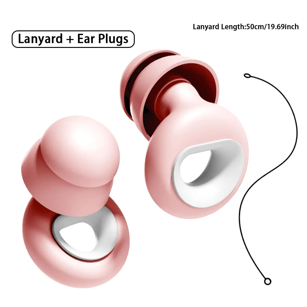 Noise Reducing Ear Plugs Double‑layer Soft Silicone Earplugs With Silicone Lanyard For Side Sleepers Swimming Exam Study Reusabl