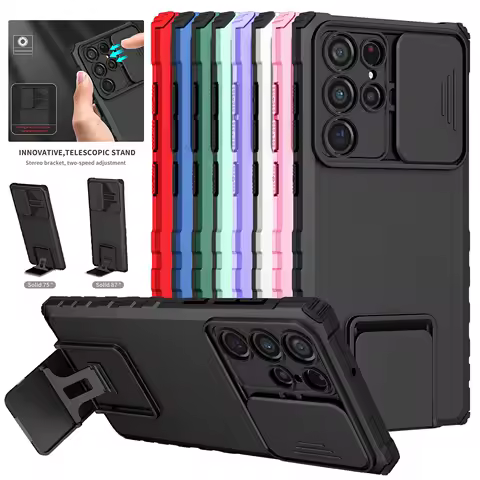 Armor Case For Samsung Galaxy S24 Ultra S23 FE S22 Plus S21 Note 20 Ultra Cover Slide Protective Lens Kickstand Coque Fundas