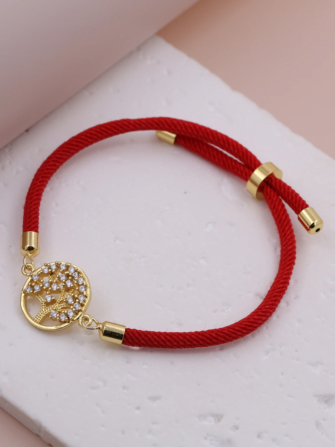 Pink Black Red Bracelet Sweet Cute White Zircon Plated Gold Copper Round Life Tree Adjustable Push Pull Bracelet Jewelry