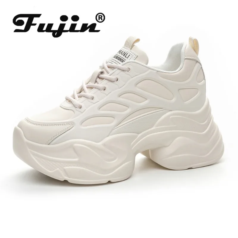 Fujin 9cm Synthetic Leather Women Casual Shoes Chunky Sneakers Skateboard Vulcanize Comfy White Platform Wedge Hidden Heel Lady