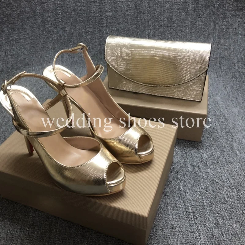 Gold Peep-toe High Heels Patent Leather Stiletto Women Pumps Sexy Ankle Strap High Heels Fashion Summer Party Prom Shoes Bags