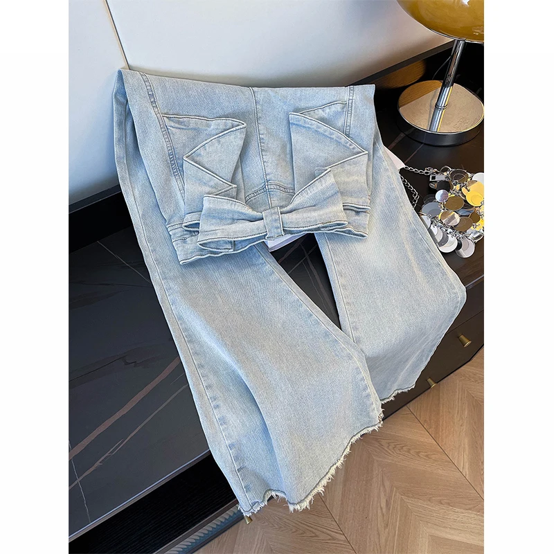 Stereoscopic Bow Bootcut Jeans 2026 Autumn New Spicy Girls High Waist Slim-looking Pants Blue Streetwear Fashion Trousers