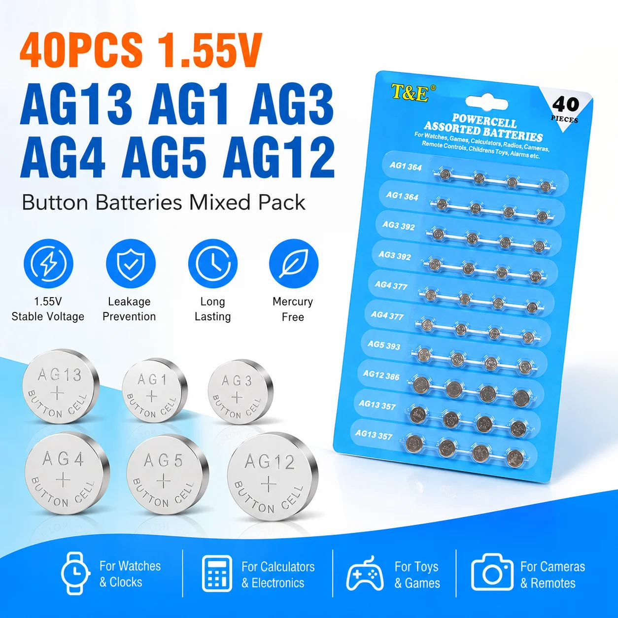 

1.55V AG13 LR44 L AG1 AG3 AG4 AG5 AG12 SR44 40PCS Button Batteries A76 LR1154 GP7 Cell Coin