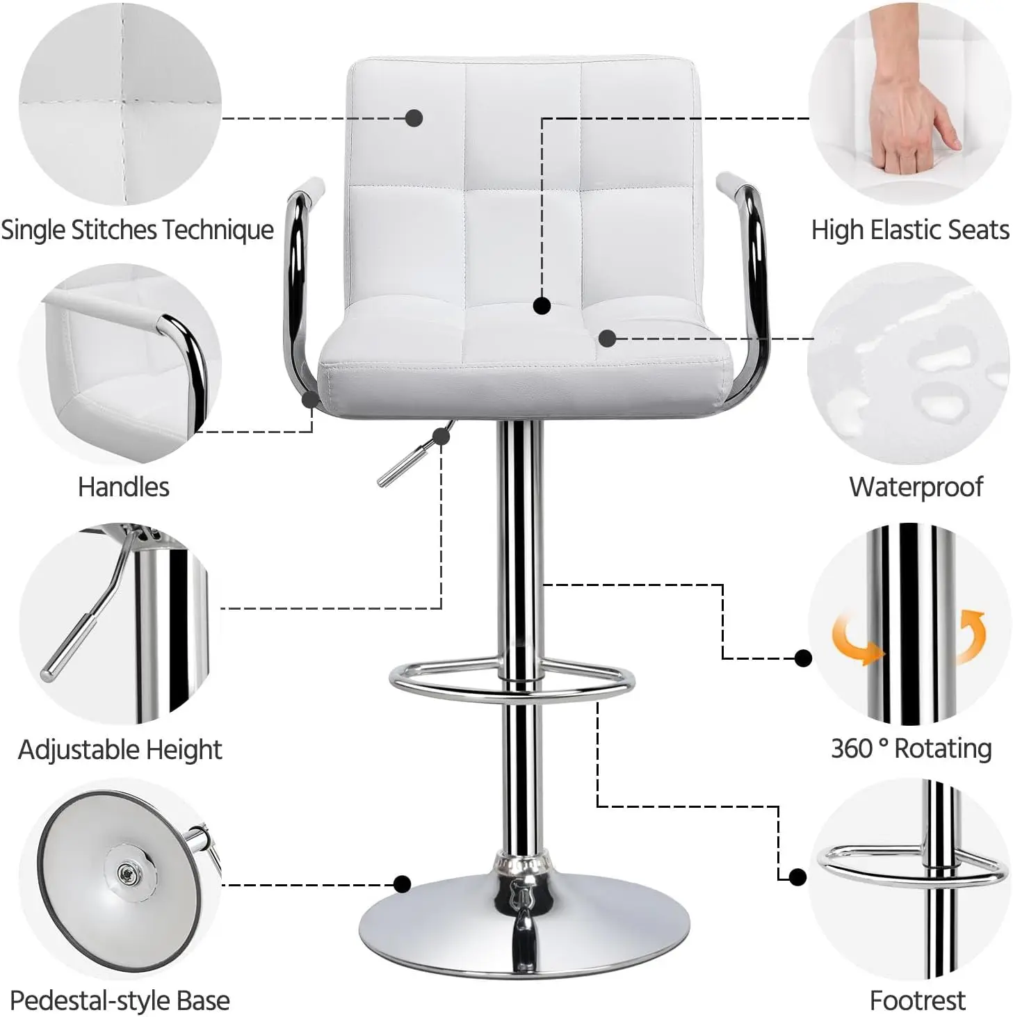 ปรับความสูงเก้าอี้บาร์เก้าอี้บาร์หมุนโมเดิร์น PU หนัง Armrest เคาน์เตอร์/เกาะเก้าอี้สูงพร้อมพนักพิงชุด 2, สีขาว