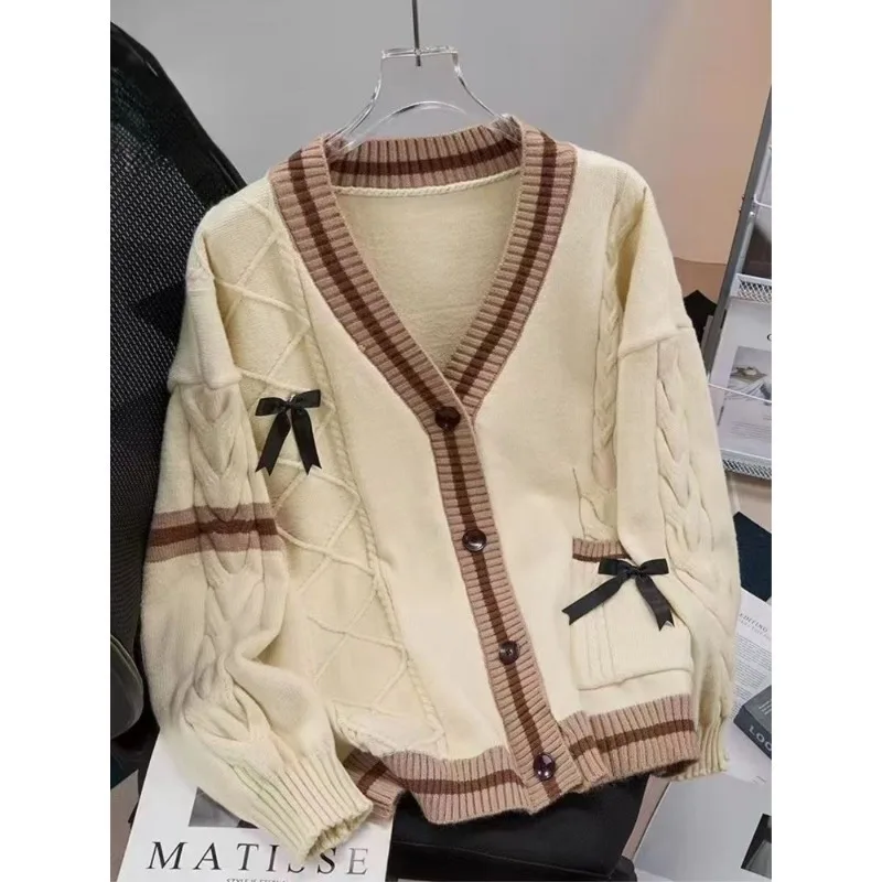 Women Spring Fall Preppy Style V-Neck Sweater Cardigan Shirts with Tie Mini Pleated Skirts Set Lady Sweet Boknot Tops Skirt Suit - Image 4