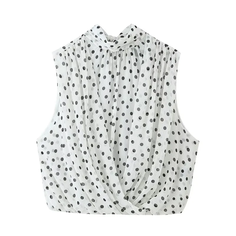Women's Polka Dot Top New 2026 Summer Casual High-neck Sleeveless Deaped Balloon Tank Top Female Elastic Hem Tops