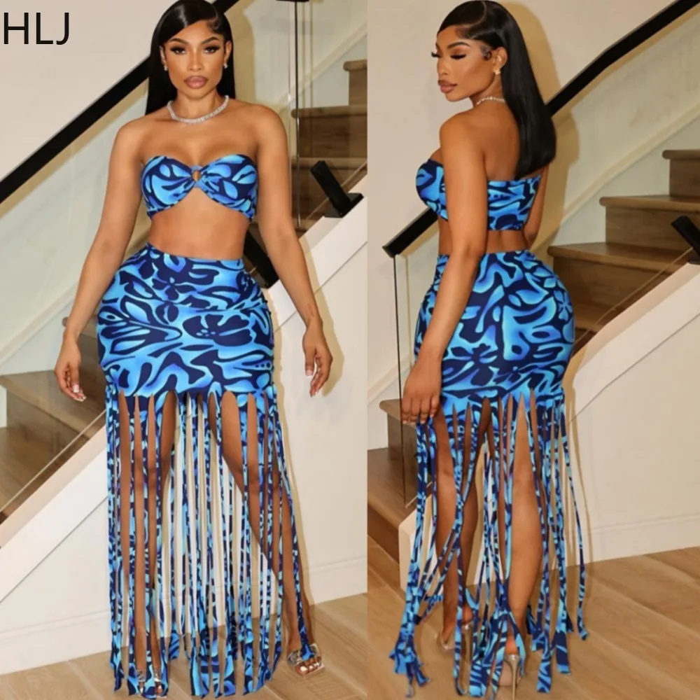 

HLJ Blue Sexy Print Tassels Mini Skirts Two Piece Sets Women Hollow Backless Sleevless Tube And Skirts Outfits Fashion Clothing