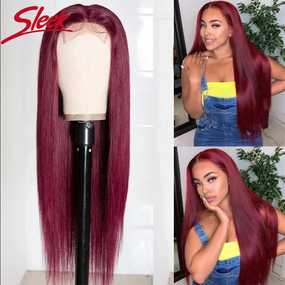 Sleek Colored Lace Human Hair Wigs For Women 99j Burgundy Red Colored Brazilian Hair Wigs 26 Inch Long T Part Lace Woman Wigs