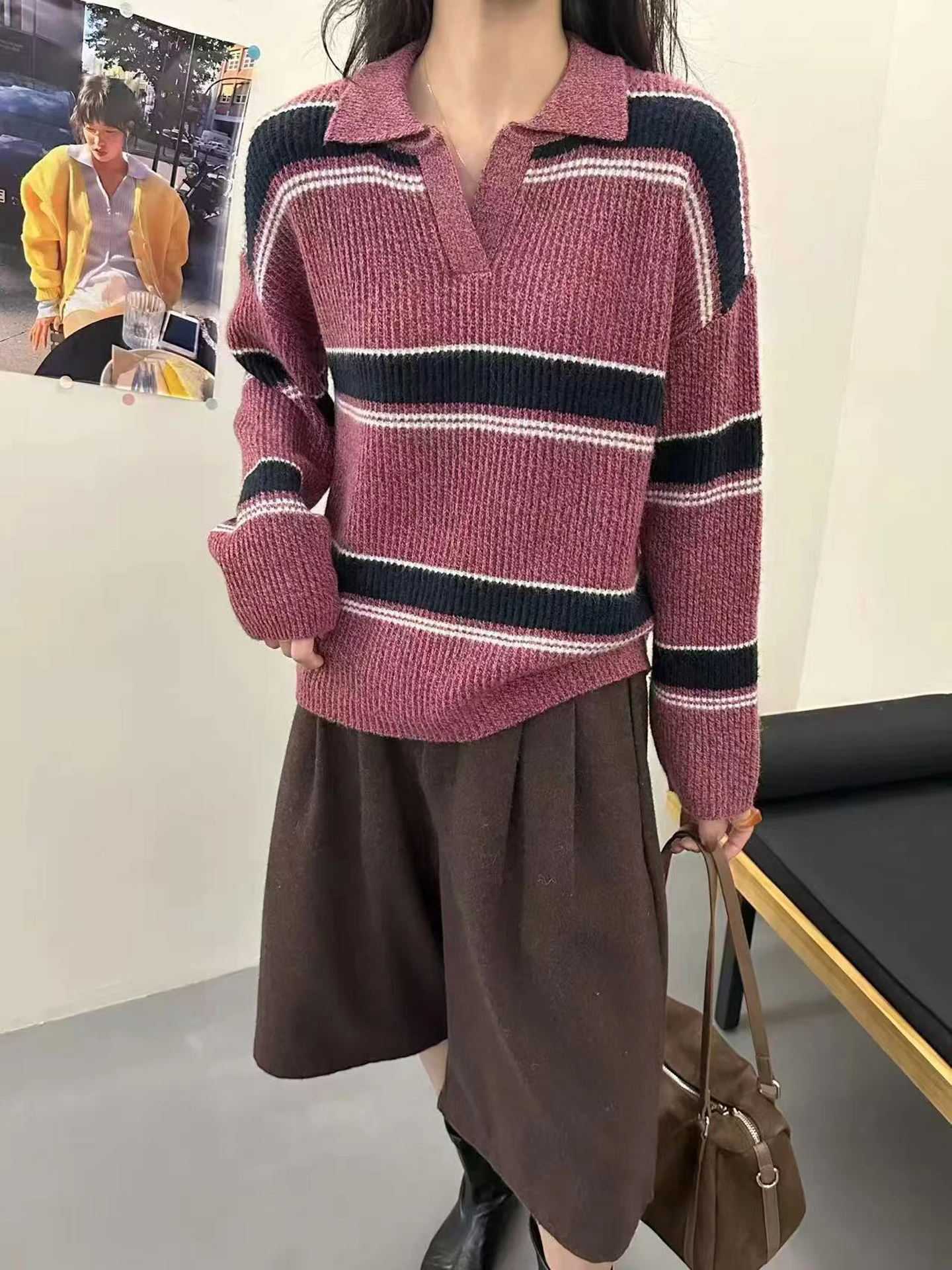 

TLOML Women‘s 100% Merino Wool Knitwear Scissor Collar Color Blocking Stripes Pullover Autumn Winter Soft Thicken Loose Tops