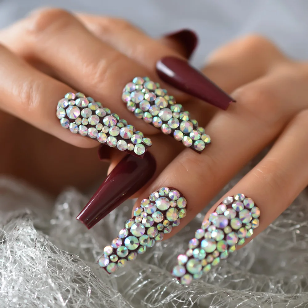 Volledige set vooraf ontworpen nep-nail art-tips Extra lang kastanjebruin rood taps toelopende ballerina-faux ongles Druk op nagels