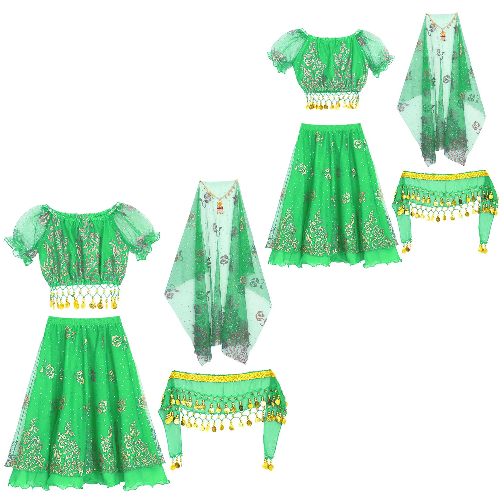 

Children Belly Dancer Costume Kids Girls Belly Dance Halloween Costume Crop Top with Skirt Waist Chain Headscarf Headwear Sets
