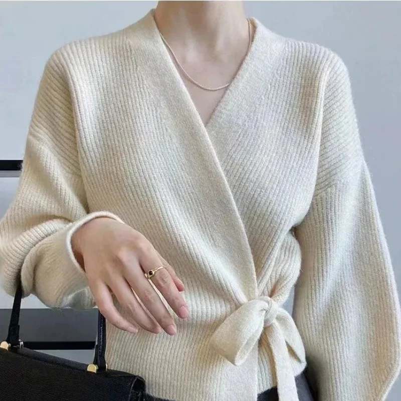 Knitted Lace Up Sweater Cardigan Women Casual Design Sense Long Sleeve Cardigans Korean Fashion Elegant Autumn Winter Sweaters