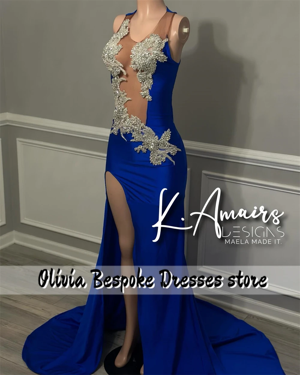 High Split Royal Blue Mermaid Prom Dresses Beaded Rhinestone See Thru 2025 Birthday Luxury CustomizedFor Black Girls Customized