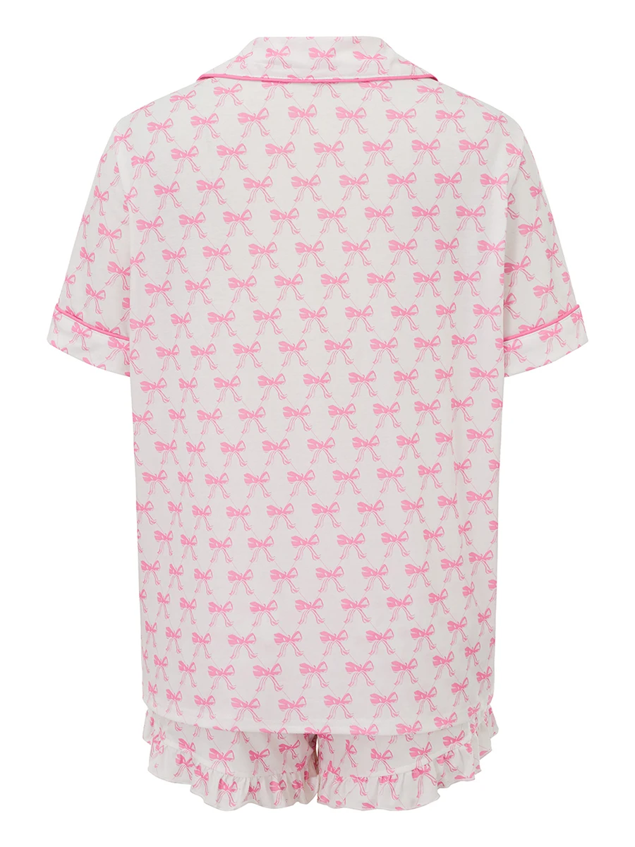 

Женский комплект из двух предметов для отдыха, топы на пуговицах с короткими рукавами и лацканами с бантом, шорты, комплекты одежды для сна