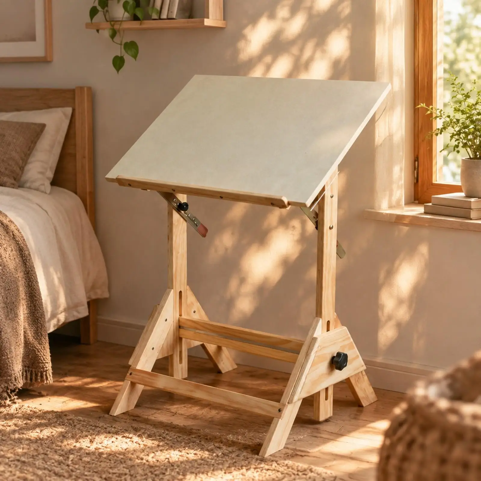 Escritorio de Arte Ajustable en Altura de Madera Maciza con Parte Superior Inclinada y Borde de Retención para Trabajo Creativo