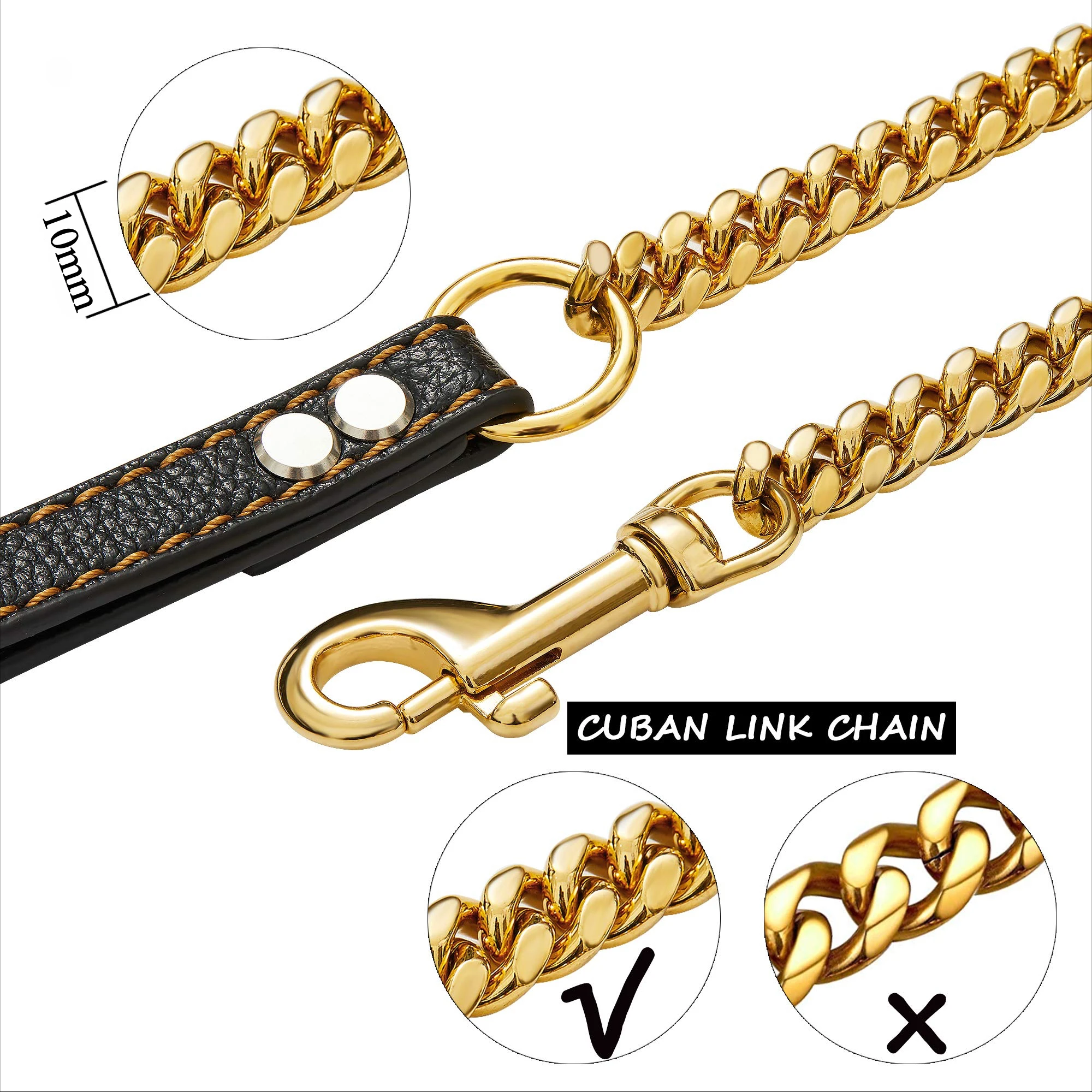 Strong Stainless Steel 10mm Wide Gold Dongle Traction Rope Dog Chain Is Used To Train Pets