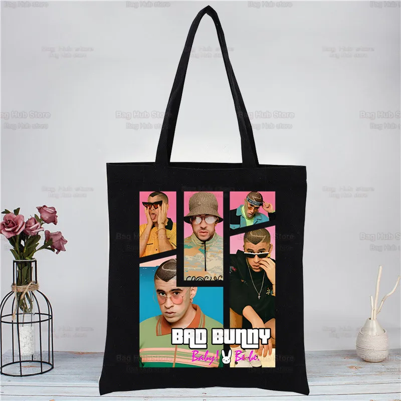 Un Verano Sin Ti Bad Bunny Maluma Canvas Black Shopping Tote Bag Reusable Yo Perreo Sola Shoulder Cloth Book Bag Gift Handbag