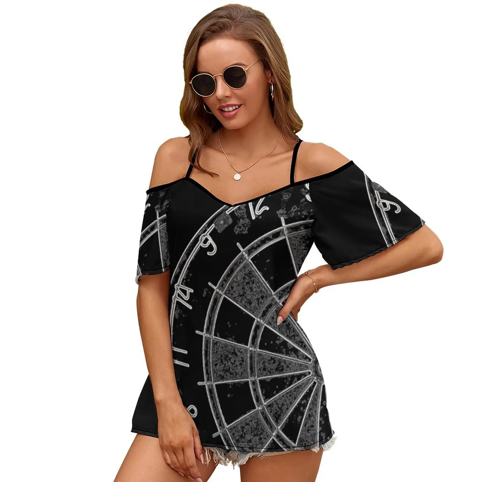 Dart Board Slit Sleeve Cold Shoulder Print Women T Shirt Casual Summer Tee Tshirt Loose Top Darts Beer Pub Drinking Drink Fun