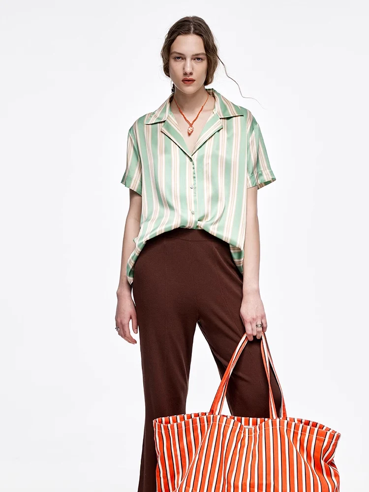 SuyaDream, Women Striped Shirts, 100%Real Silk, Short Sleeves,  Notch Collar Green Blouses, 2024 Spring Summer Chic Top