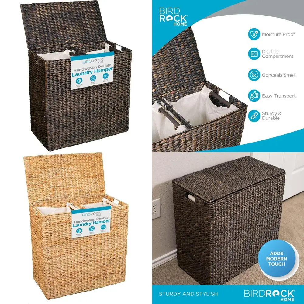 Cesto para la colada ecológico de jacinto de agua con interior dividido, fibras tejidas a mano, acabado espresso, diseño que ahorra espacio