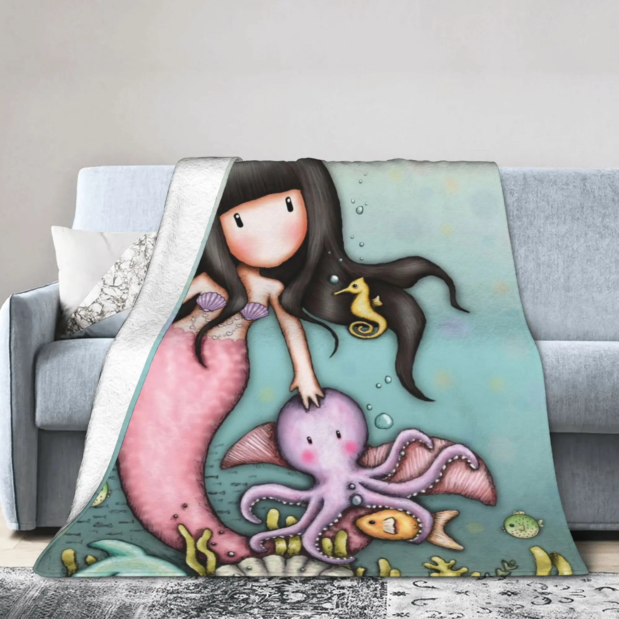 S-Santoro G-Gorjuss Plush Blankets Fish Girl Novelty Throw Blanket for Home 150*125cm Bedspread,