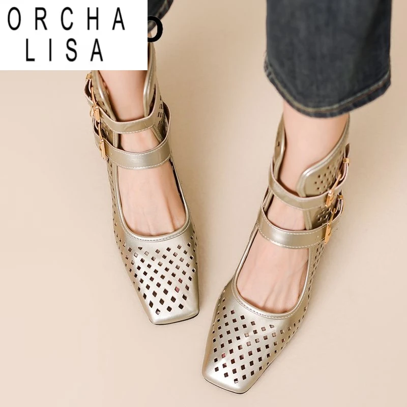 

ORCHA LISA 2025 Модный дизайн Женские сандалии с квадратным носком на массивном каблуке 6 см с двойной пряжкой и ремешком Дышащие большие размеры 45 46 47 48