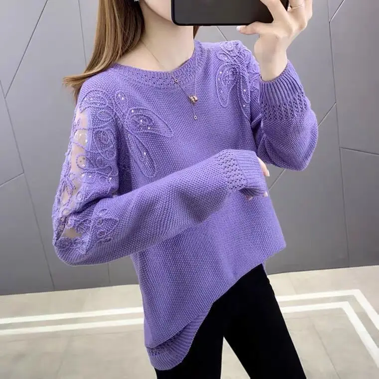 

Spring 2022 New Lace Hollow Knitted Sweater Women's Crew Neck Loose Long Sleeve Knitted Pullover Top Fashion