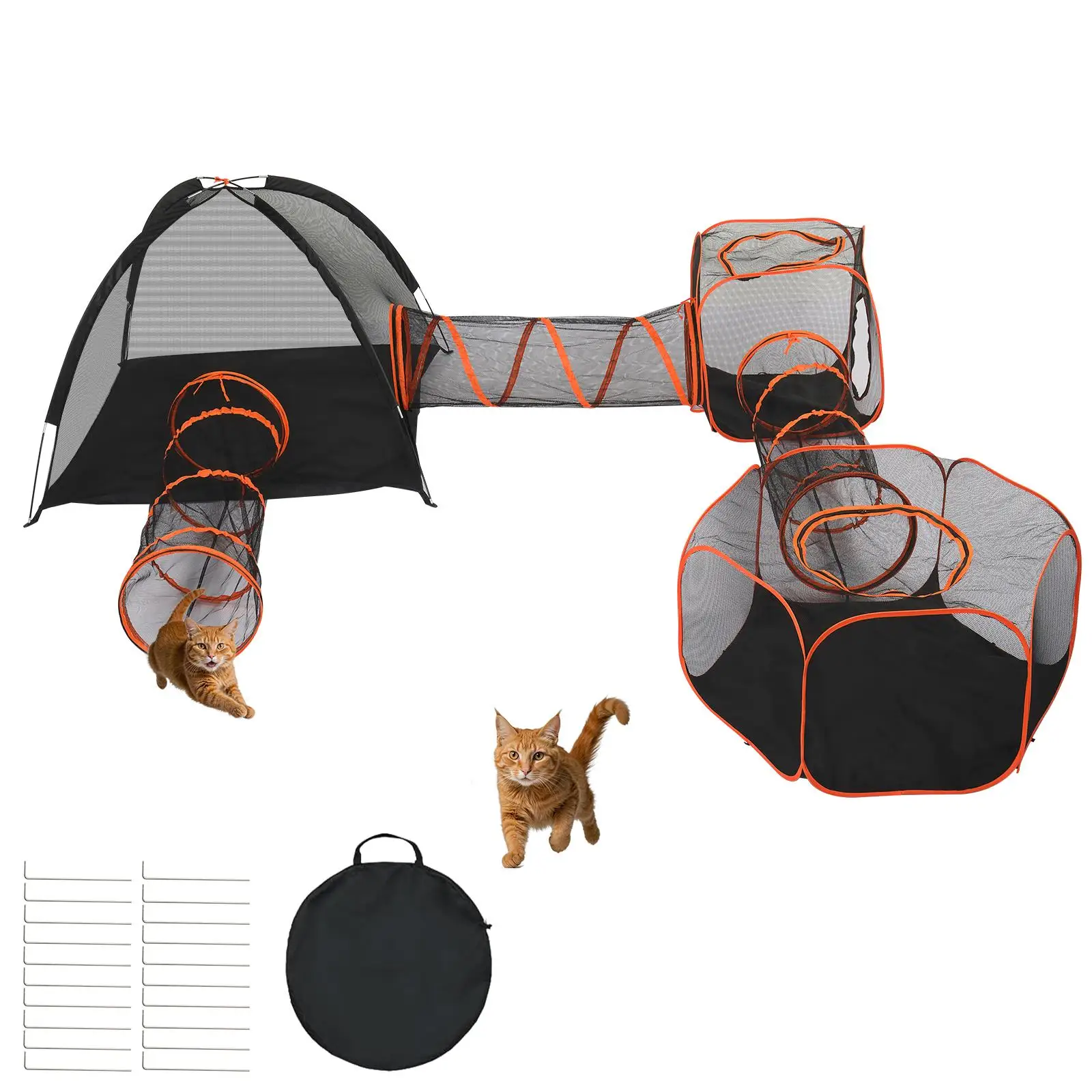 6-in-1 tragbares Katzengehäuse für den Außenbereich mit Tunnel und Spielzelt, sicherer Laufstall für Katzen, Kaninchen und Kleintiere – Orange