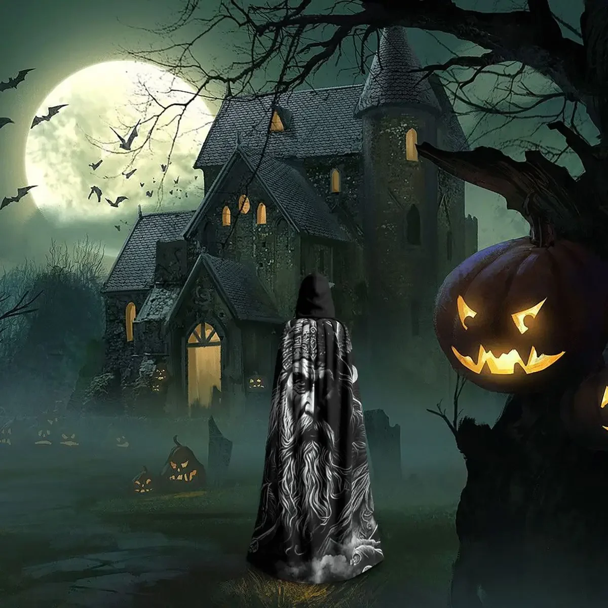 Vecchio dio norreno Mantello lungo con cappuccio Strega Costume medievale Mantello cosplay HalloweenVampiro Adulto unisex