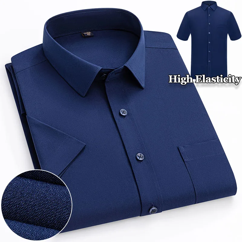 Anti-Wrinkle High Elasticity Men's Short Sleeved Bussiness Casual Solid Shirts Fashion Social Regular Slim Single Pocket Blouses