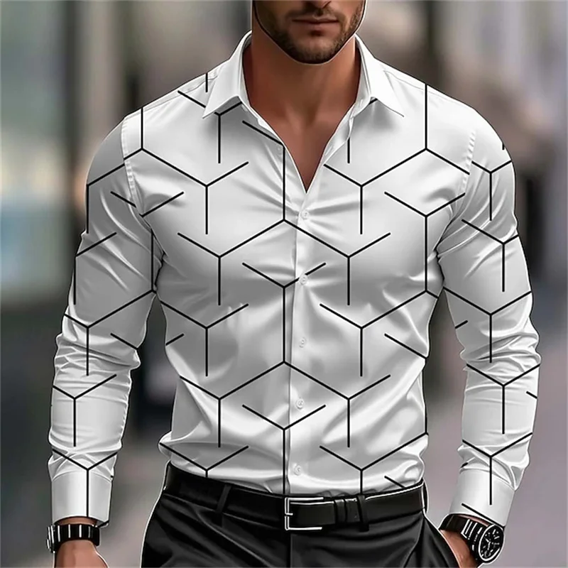 

Men's striped shirt, formal long-sleeved business casual, spring/summer/autumn, lapel 3D printed shirt, blue, white, pink