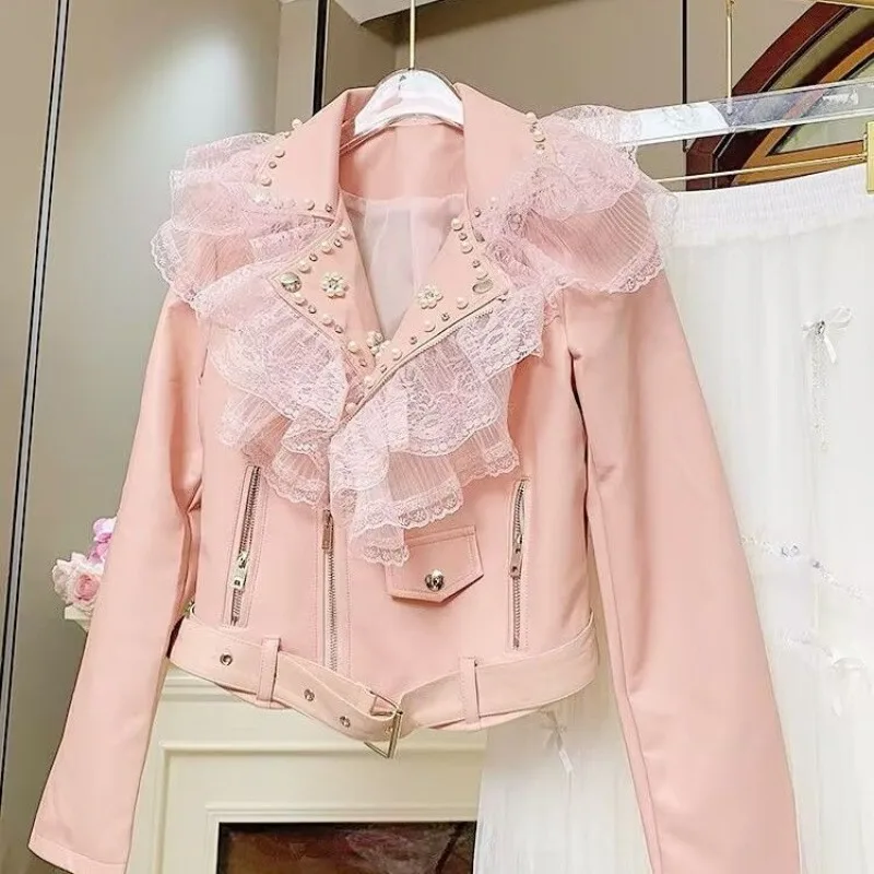 

Recommended By Internet Celebrities Heavy Industry Lace Splicing Short Slim Fit Waist Thin Versatile Leather Jacket Locomotive