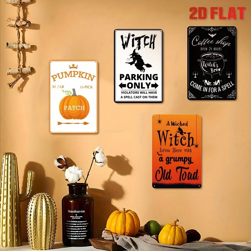 2D Flat - 4pcs Retro Halloween Metal Sign Set, A Total Of 4pcss, Including Potion And Soul Themes, Featuring Witches, Boilers