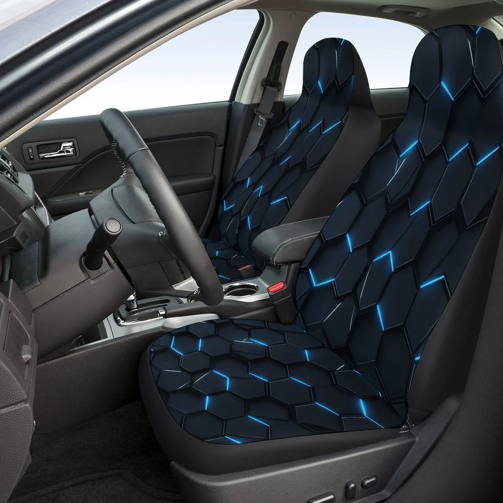 Hexagonal Grid Designed Car Seat Covers Set For Most Cars, Trendy Novelty Decorative Car Seat Protector Covers Full Set, Univer