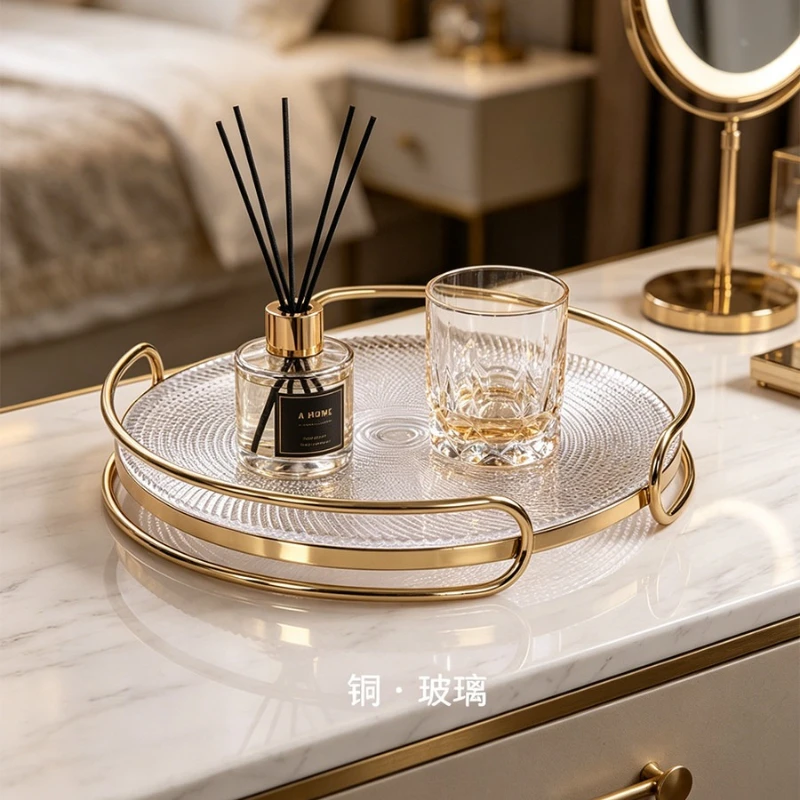 Round Brass Serving Tray with Handles for Room Coffee Table Countertop for Jewelry Cup Coaster Organizer Minimalist Home Decor