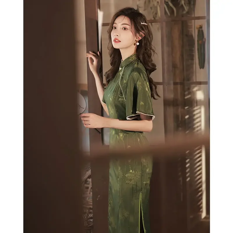 

Темно-зеленый Cheongsam, новинка 2022, элегантное длинное улучшенное платье высокого класса в стиле ретро, летнее женское платье Ципао для девочек