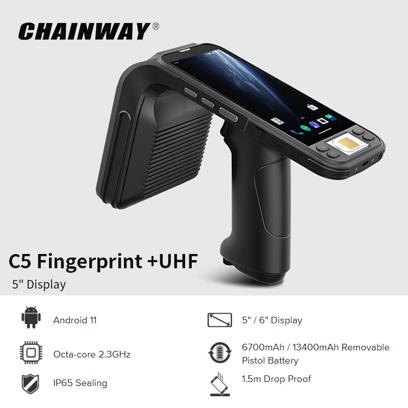 Chainway C5 IP65 Waterproof Big Screen Handheld PDA Optional 2D Newland Barcode Scanner Fingerprint Data Collector NFC UHF RFID