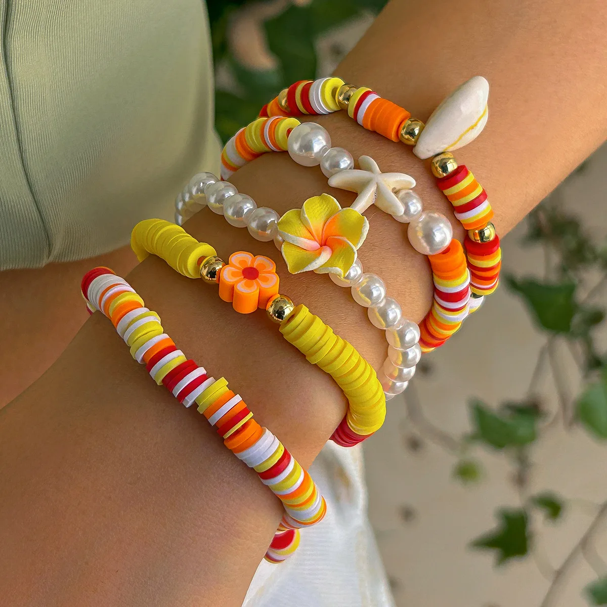 Boho Polymer Clay Chain Stackable Bracelets Set for Women Starfish Conch Flowers Turtle Pearls Elastic Bangles Aesthetic Jewery
