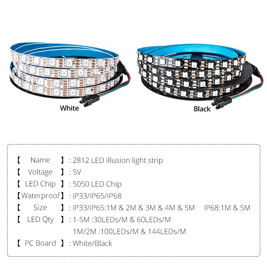 DC5V WS2812B piksel LED RGB diody na wstążce Smart IC adresowalny Neon taśma LED 1m 5m 30/60/144 LEDs/m czarny/biały PCB IP33/IP65/IP68